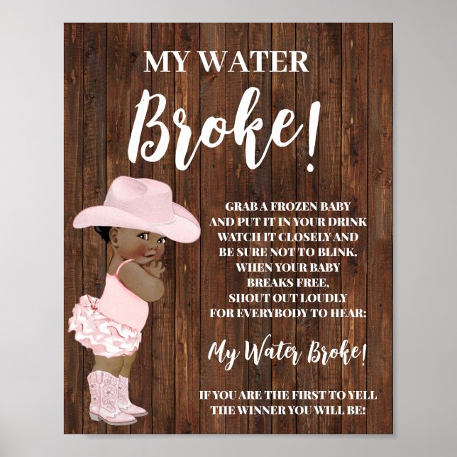 My Water Broke AA Cowgirl Baby Shower Game Sign (Front)