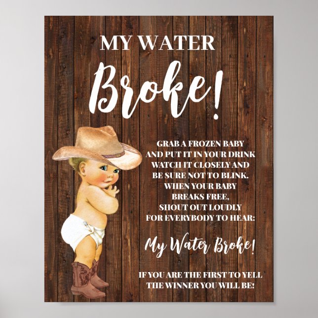 My Water Broke Little Cowboy Baby Shower Game Sign (Front)