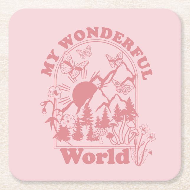 My Wonderful World Retro Flowers Square Paper Coaster (Front)