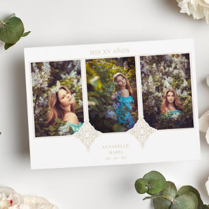 My XV Years Spanish 3 Photos Golden Lace Effect Invitation