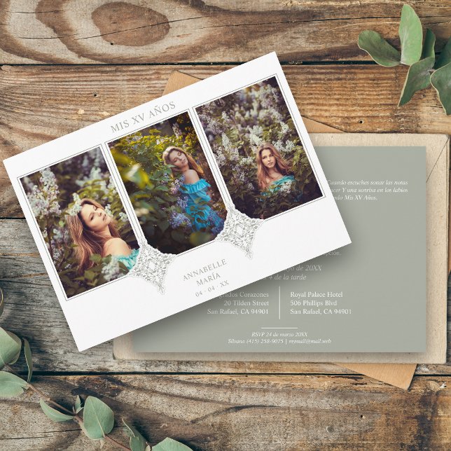 My XV Years Spanish 3 Photos Sage Lace Effect Invitation (Creator Uploaded)