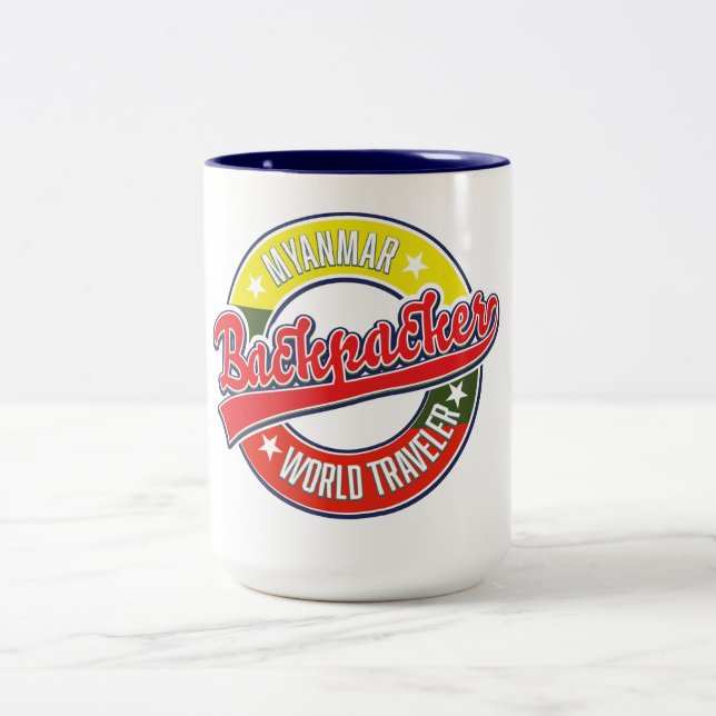 Myanmar backpacker world traveller logo Two-Tone coffee mug (Center)