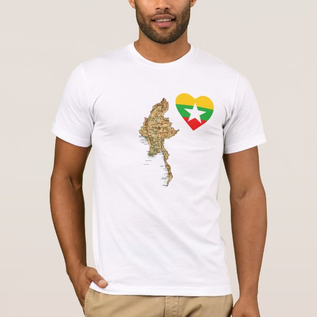 Myanmar Flag Heart and Map T-Shirt (Front)