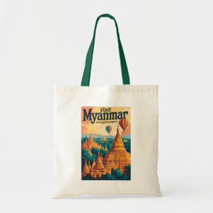 Myanmar Pagodas Illustration Travel Art Vintage Tote Bag