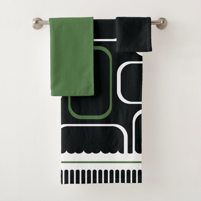 Mydeas | Black & White Green Rectangles Bath Towel Set (Insitu)