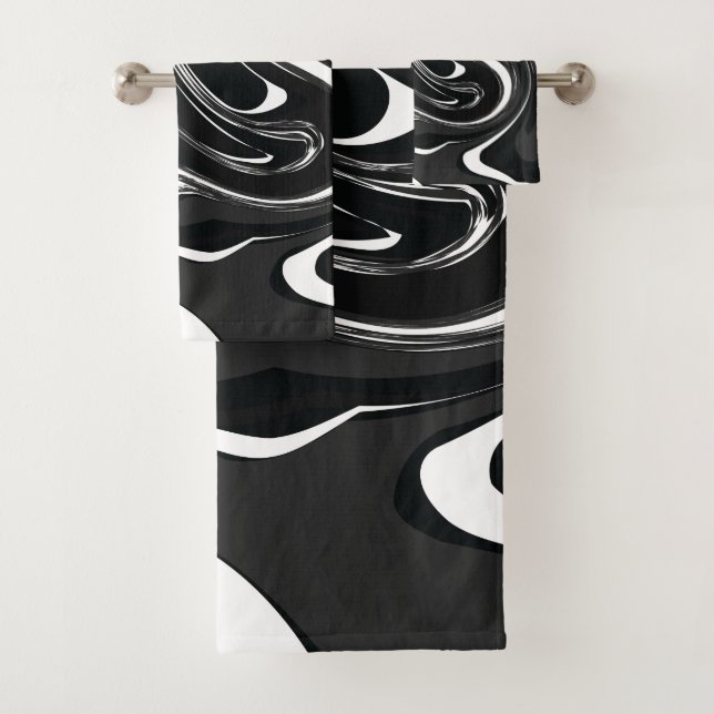 Mydeas | Black & White Grey Marbled Paint Swirl Bath Towel Set (Insitu)