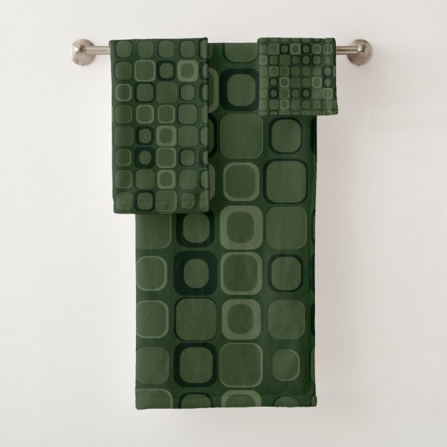 Mydeas | Dark Green Modest Retro Squares Bath Towel Set (Insitu)