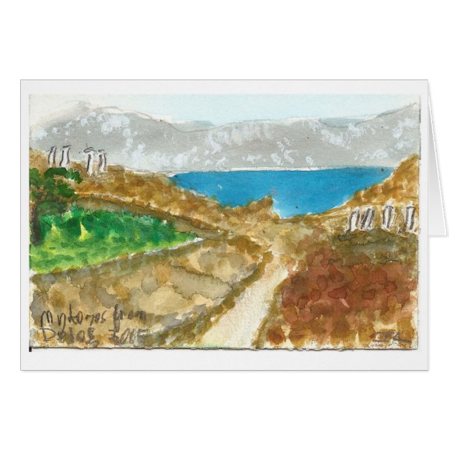 "Mykonos from Delos" view watercolor art card (Front Horizontal)