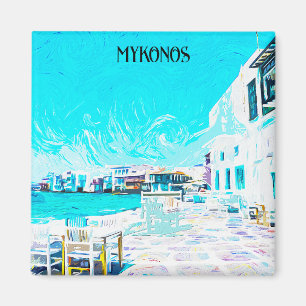 Mykonos Greece Aegean Sea Oil Paint Illustration Magnet