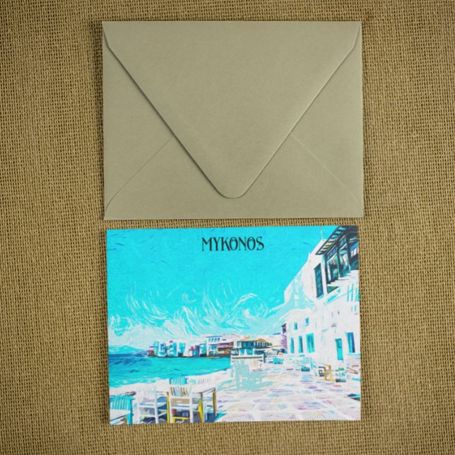 Mykonos Greece Aegean Sea Oil Paint Illustration Postcard (mykonos greece oil paint scenery)