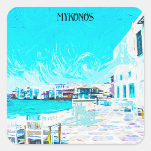 Mykonos Greece Aegean Sea Oil Paint Illustration Square Sticker