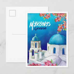 Mykonos Greece Art Watercolor Travel Illustration Postcard