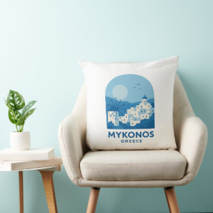 Mykonos Greece Blue Minimalist Travel Art Cushion