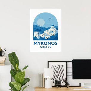 Mykonos Greece Blue Minimalist Travel Art Poster