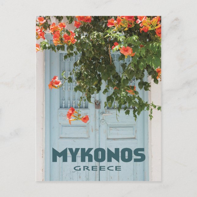 Mykonos Greece Door with Flowers Postcard (Front)