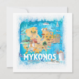 Mykonos Greece Illustrated Map with Landmarks Card