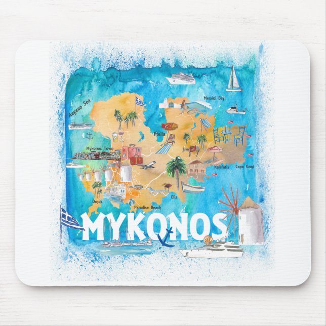 Mykonos Greece Illustrated Map with Landmarks Mouse Mat (Front)