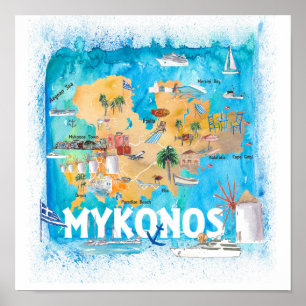 Mykonos Greece Illustrated Travel Map Poster