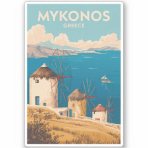 Mykonos Greece Illustration Travel Art Vintage