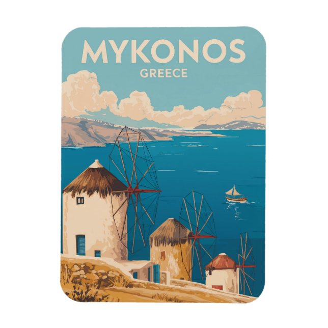 Mykonos Greece Illustration Travel Art Vintage Magnet (Vertical)