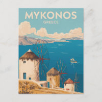 Mykonos Greece Illustration Travel Art Vintage