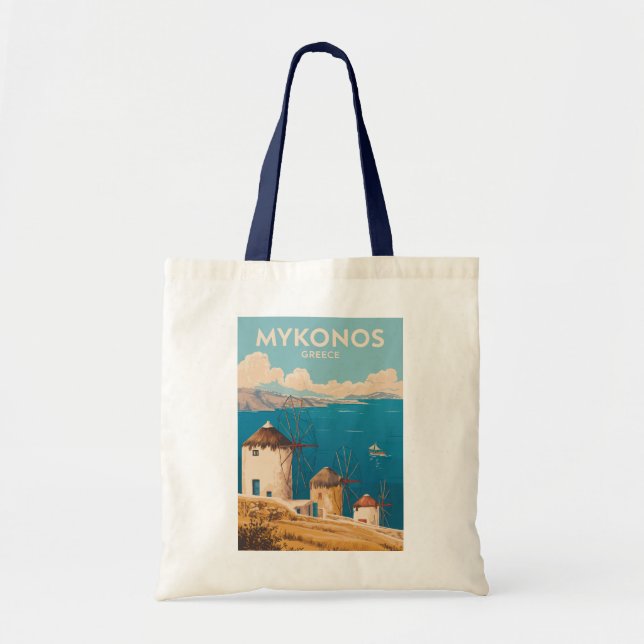 Mykonos Greece Illustration Travel Art Vintage Tote Bag (Front)