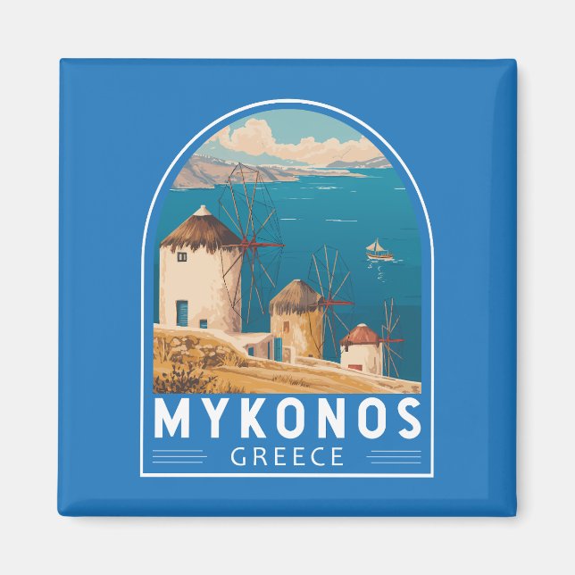 Mykonos Greece Travel Art Emblem Magnet (Front)