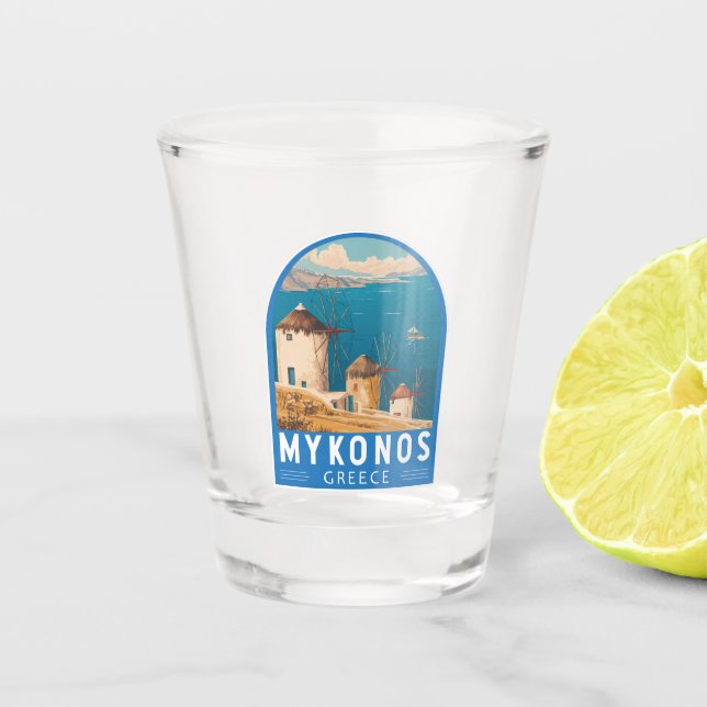 Mykonos Greece Travel Art Emblem Shot Glass (Front)