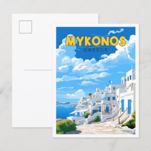 Mykonos Greece vintage travel illustration Postcard