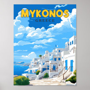 Mykonos Greece vintage travel illustration Poster