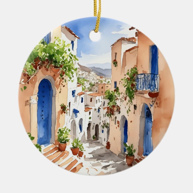 Mykonos Greece Watercolor Ceramic Tree Decoration (Front)