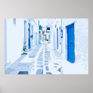 Mykonos Greece Watercolor Digital Painting Poster