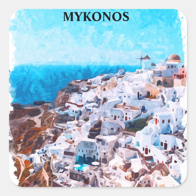 Mykonos Greece Watercolor Painting Square Sticker (Front)