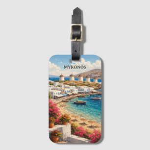 Mykonos Greece Windmills Retro Travel Illustration Luggage Tag