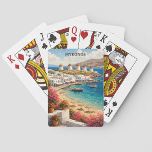 Mykonos Greece Windmills Retro Travel Illustration Playing Cards