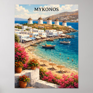 Mykonos Greece Windmills Retro Travel Illustration Poster