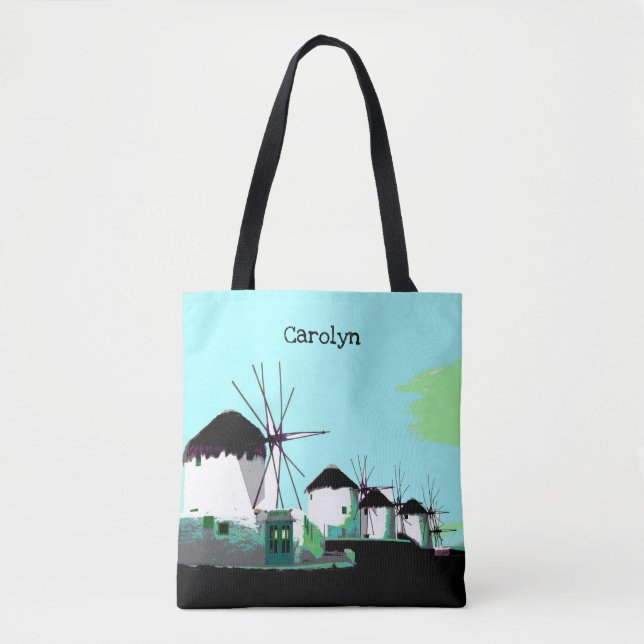 Mykonos Windmills, Cyclades, Greece.  Your name. Tote Bag (Front)