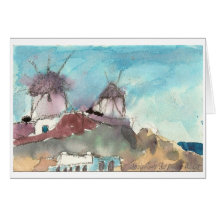 "Mykonos Windmills" watercolor art card