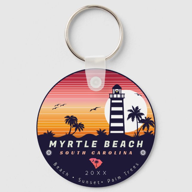 Myrtle Beach lighthouse SC Retro Sunset Souvenirs Key Ring (Front)