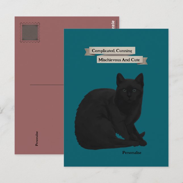 Mysterious Black Cat Quote Personal Teal Pink Postcard (Front/Back)