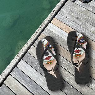 Mysterious Black Elegant Sugar Skull Portrait Flip Flops