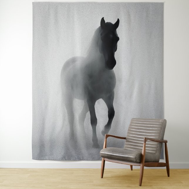 Mysterious Black Horse Emerging from Mist Tapestry (In Situ)