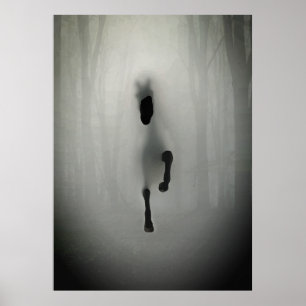 Mysterious Black Horse Running in Misty Fog Forest Poster