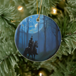 Mysterious Black Knight in the Moonlit Forest Ceramic Tree Decoration