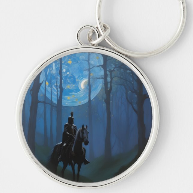 Mysterious Black Knight in the Moonlit Forest Key Ring (Front)