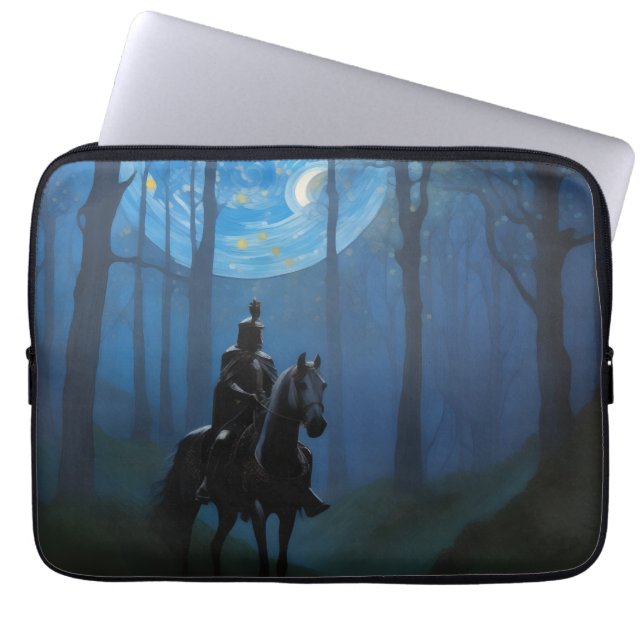 Mysterious Black Knight in the Moonlit Forest Laptop Sleeve (Front)