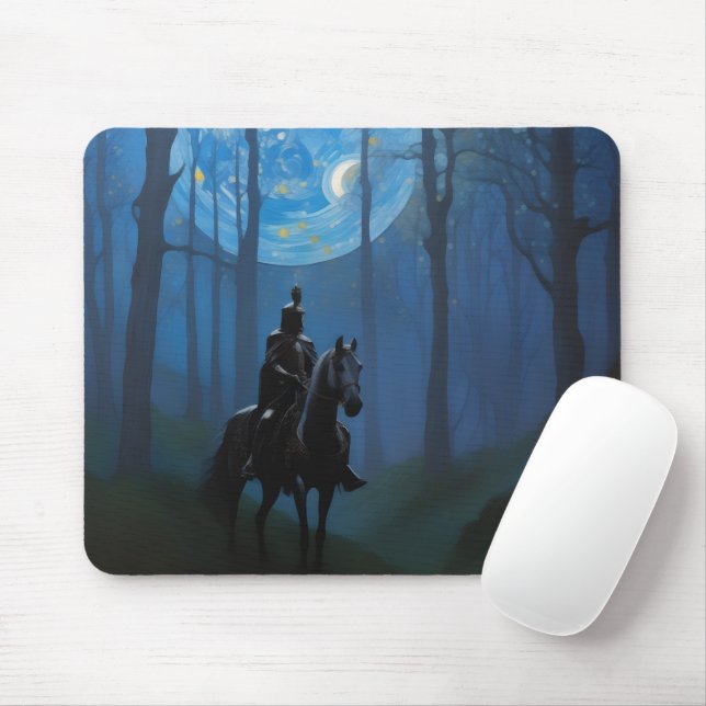 Mysterious Black Knight in the Moonlit Forest Mouse Mat (With Mouse)
