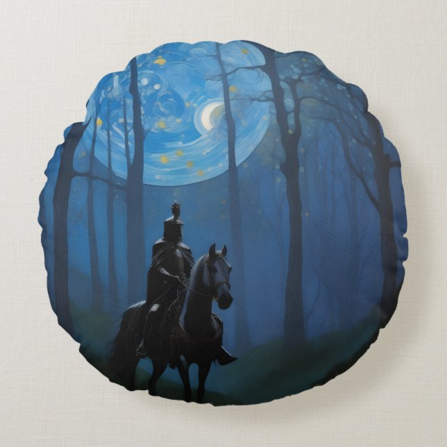 Mysterious Black Knight in the Moonlit Forest Round Cushion (Front)