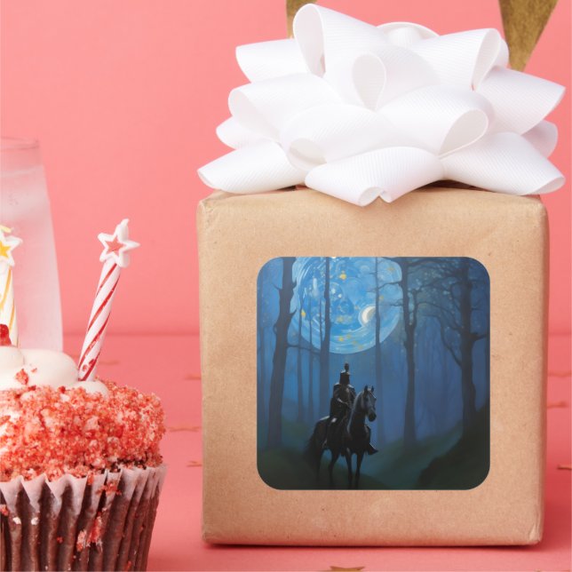 Mysterious Black Knight in the Moonlit Forest Square Sticker (Party)