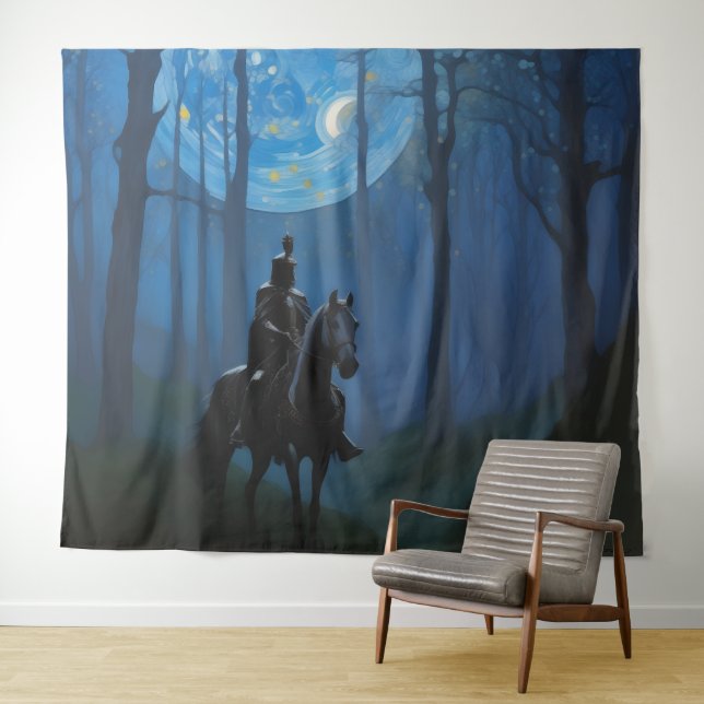 Mysterious Black Knight in the Moonlit Forest Tapestry (In Situ (Horizontal))